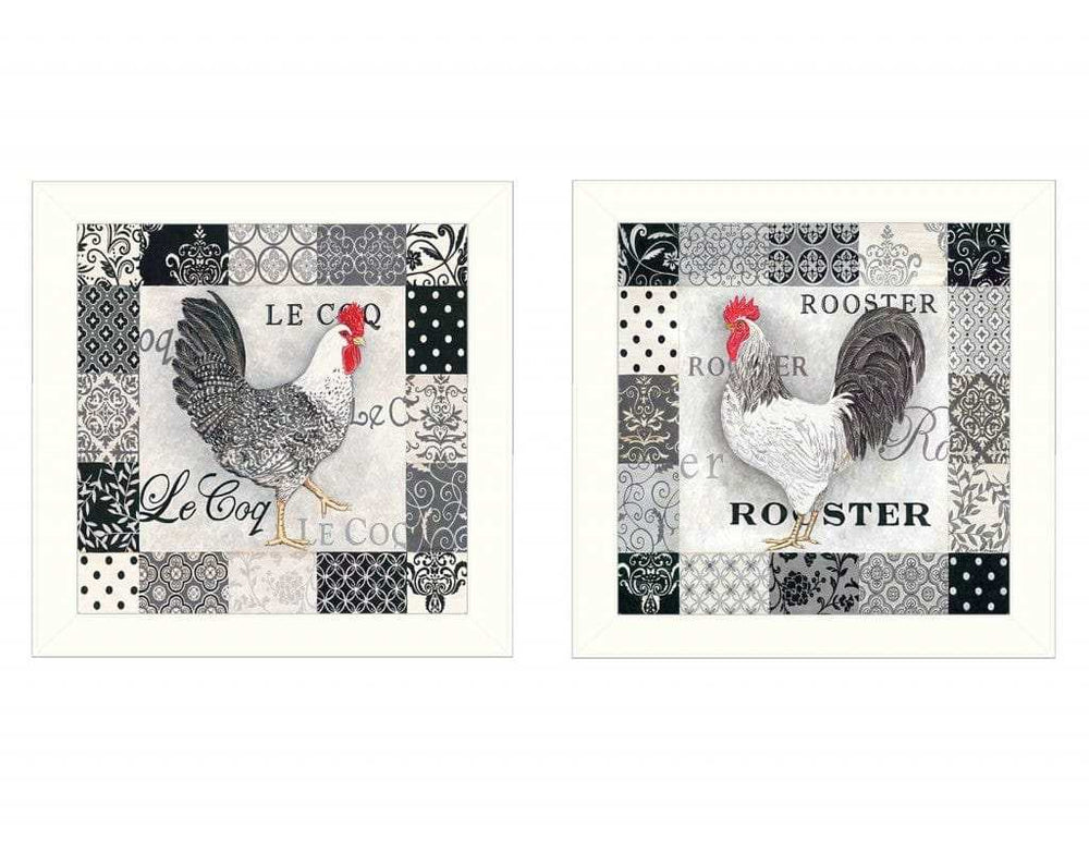 Set Of Two Black And White Rooster White Framed Print Wall Art - Homeroots - Flyclothing LLC