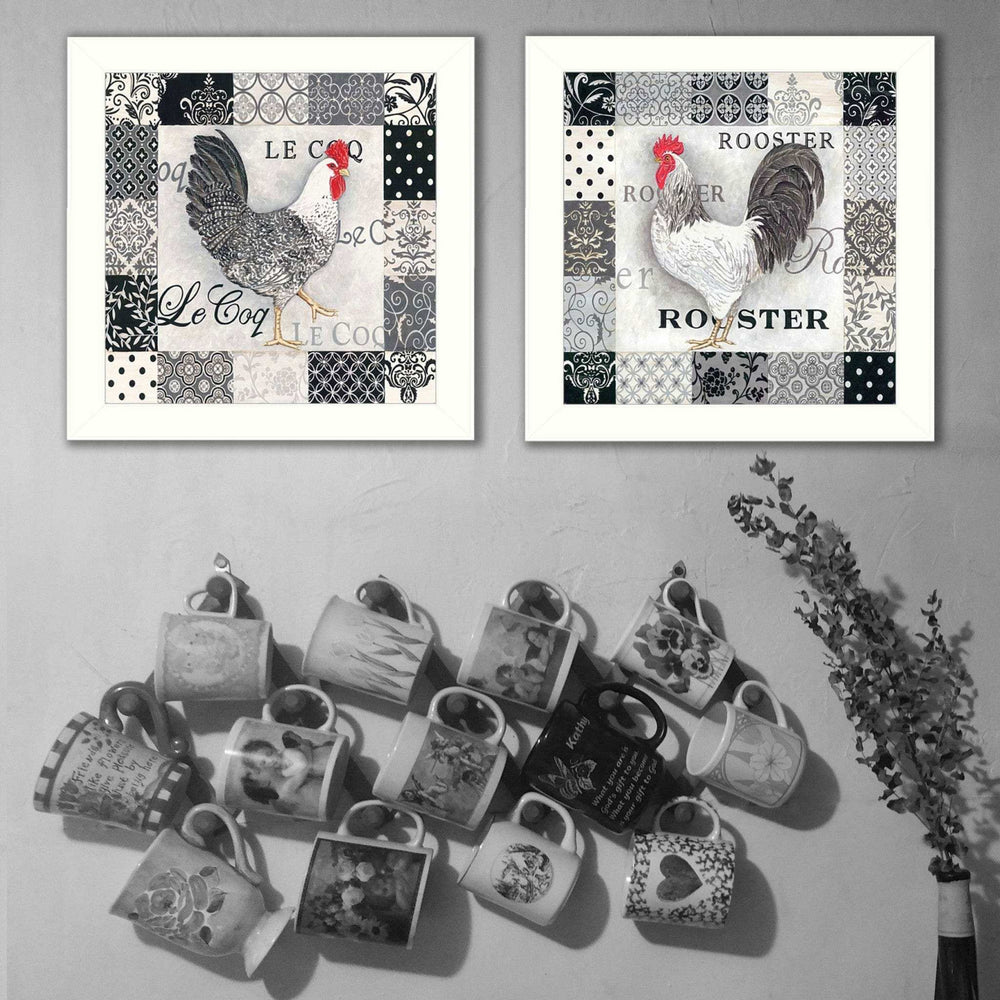 Set Of Two Black And White Rooster White Framed Print Wall Art - Homeroots - Flyclothing LLC