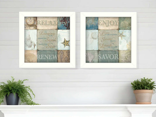 Set Of Two Sunshine Sand and Sea White Framed Print Wall Art - Homeroots - Flyclothing LLC