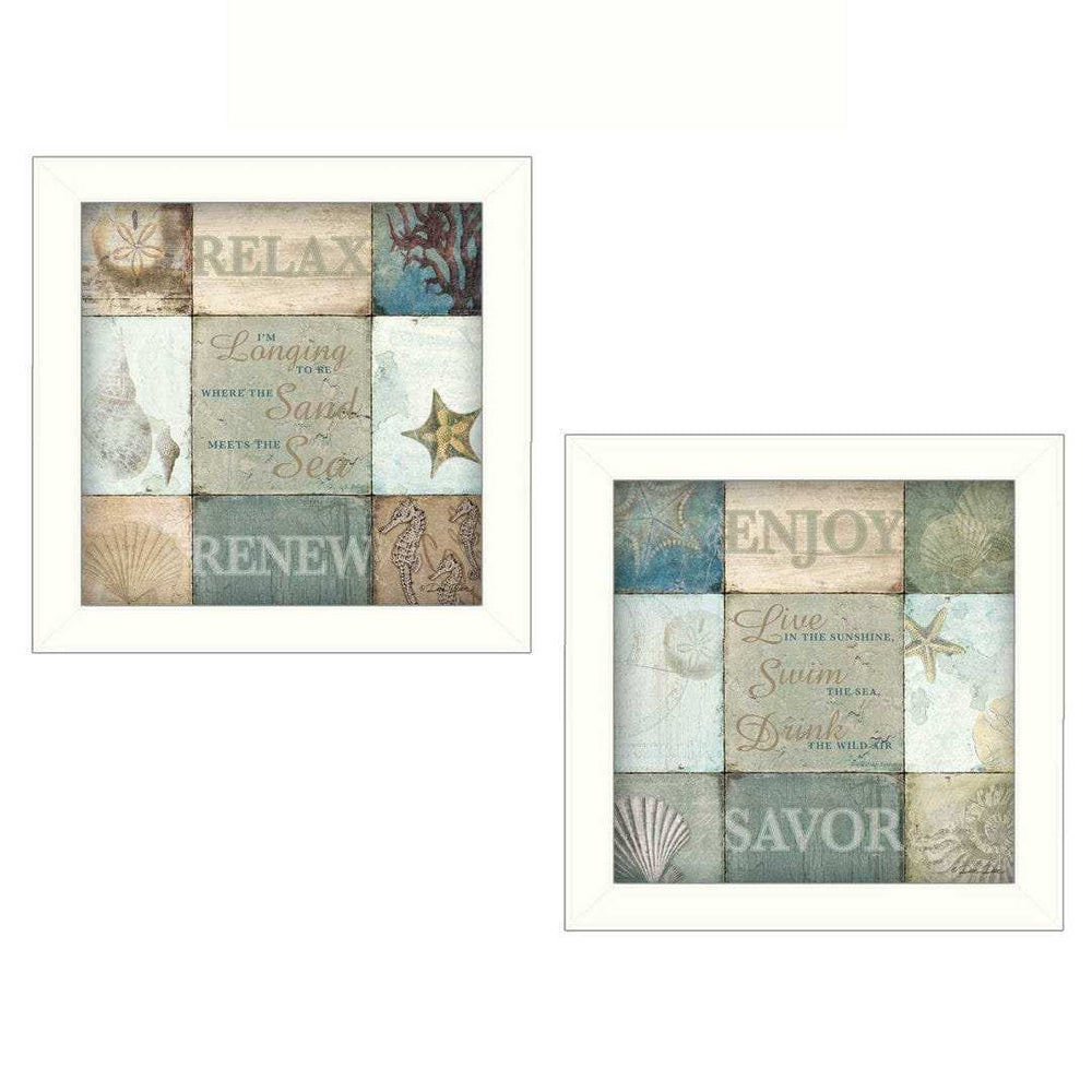 Set Of Two Sunshine Sand and Sea White Framed Print Wall Art - Homeroots - Flyclothing LLC