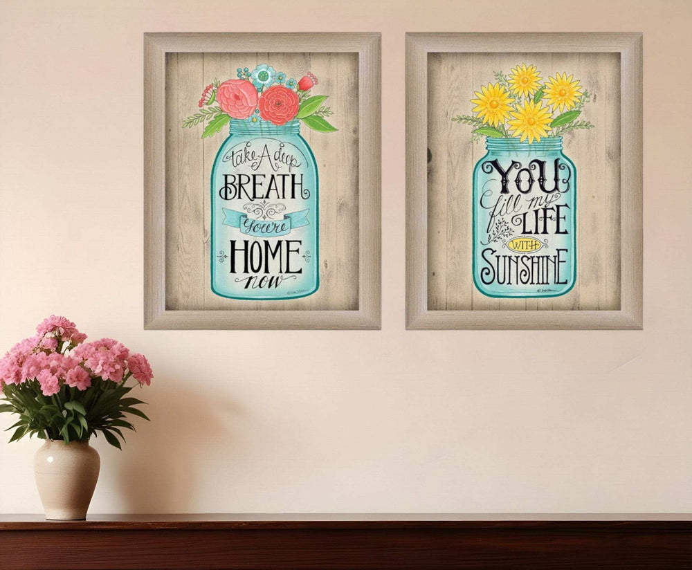 Set Of Two Mason Jars Floral Brown Framed Print Wall Art - Homeroots - Flyclothing LLC