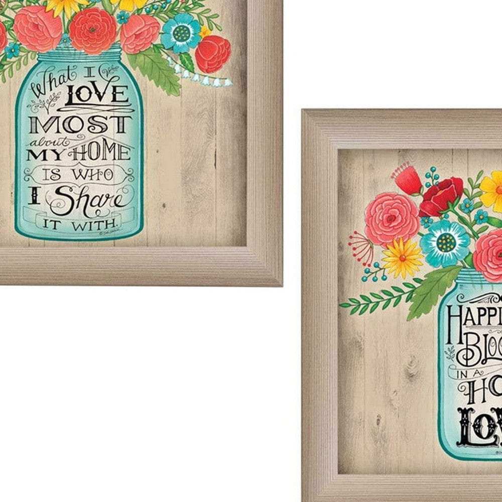 Set Of Two Mason Jar Floral Happiness at Home Brown Framed Print Wall Art - Homeroots - Flyclothing LLC