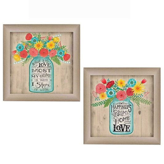 Set Of Two Mason Jar Floral Happiness at Home Brown Framed Print Wall Art - Homeroots - Flyclothing LLC