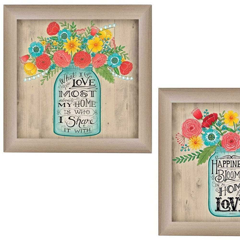 Set Of Two Mason Jar Floral Happiness at Home Brown Framed Print Wall Art - Homeroots - Flyclothing LLC
