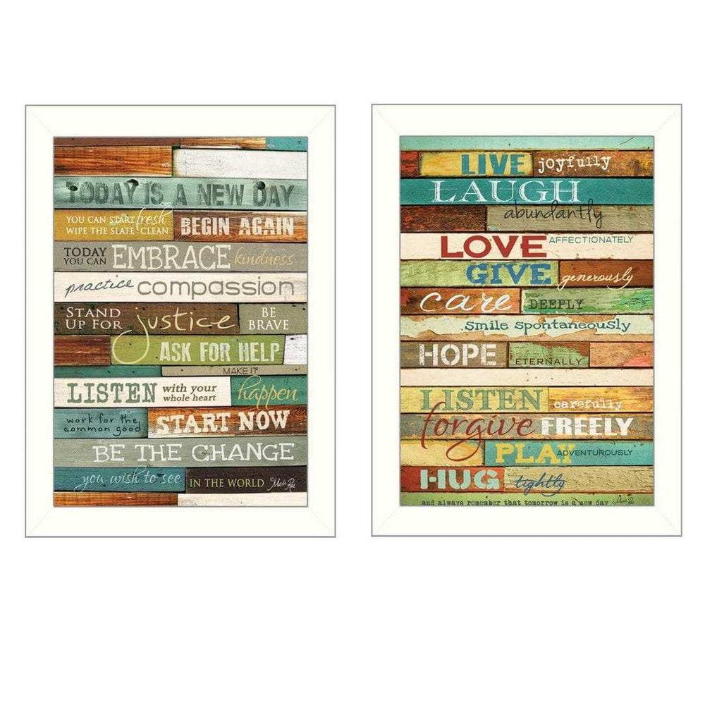 Set Of Two Today is a New Day Faux Wood Slat White Framed Print Wall Art - Homeroots - Flyclothing LLC