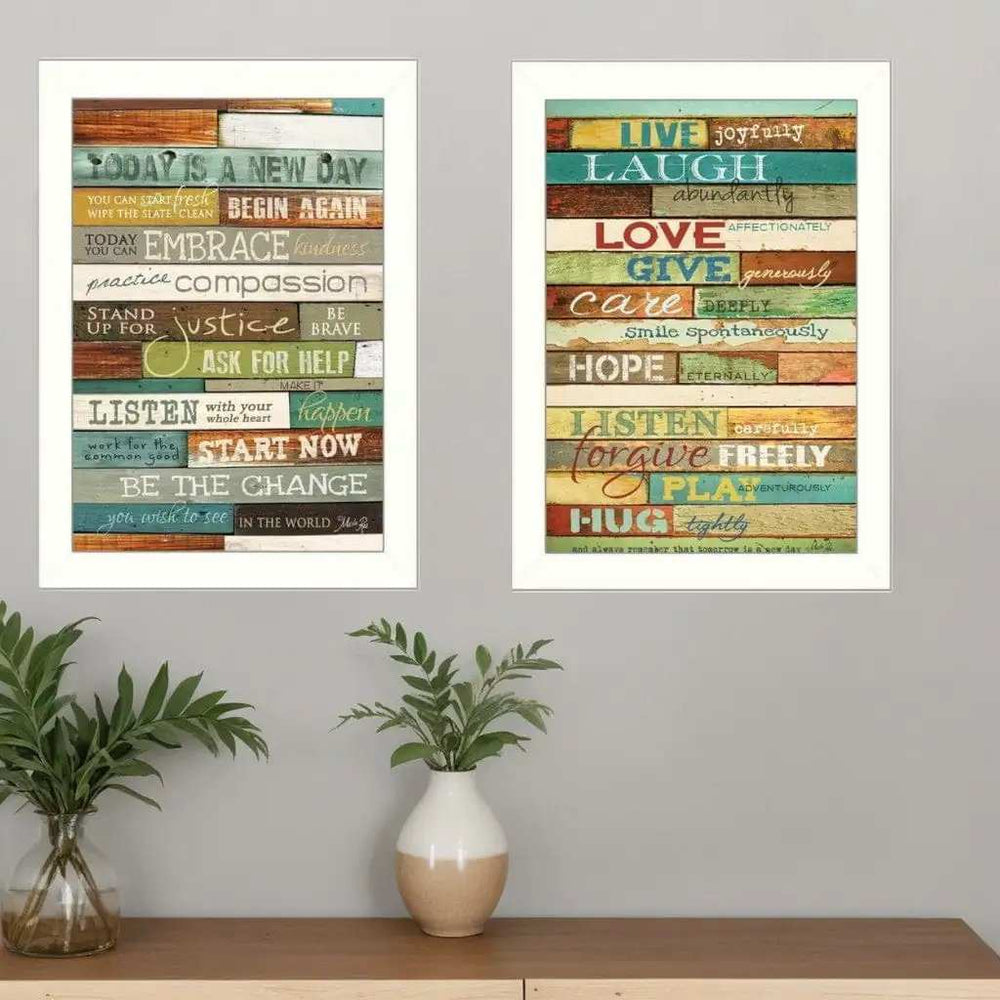 Set Of Two Today is a New Day Faux Wood Slat White Framed Print Wall Art - Homeroots - Flyclothing LLC
