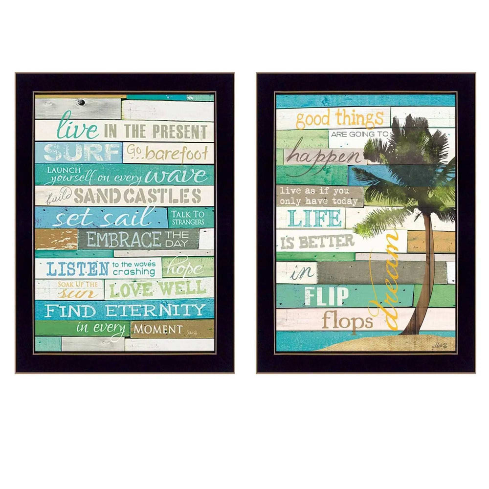 Set Of Two Live In The Moment Beachy Black Framed Print Wall Art - Homeroots - Flyclothing LLC