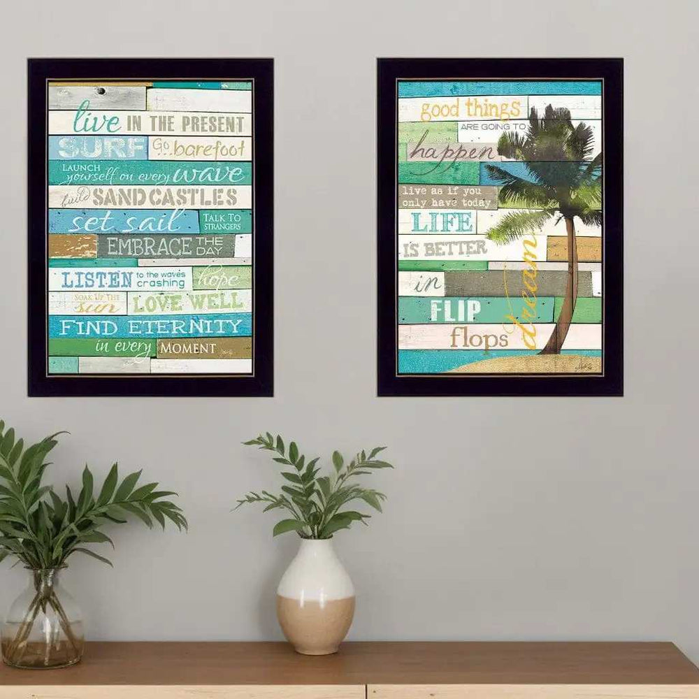 Set Of Two Live In The Moment Beachy Black Framed Print Wall Art - Homeroots - Flyclothing LLC