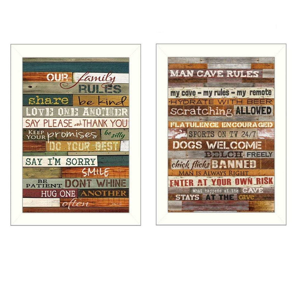 Set Of Two Family and Man Cave Rules 2 White Framed Print Wall Art - Homeroots - Flyclothing LLC