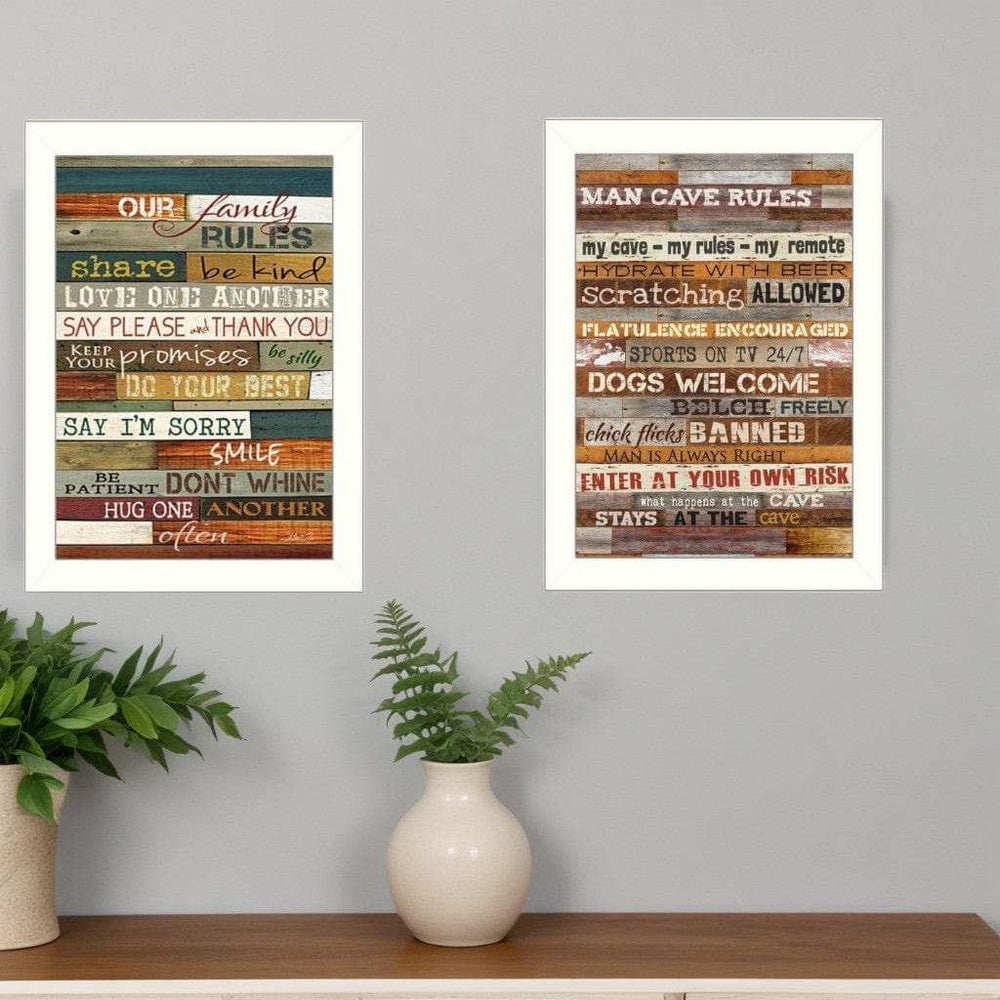 Set Of Two Family and Man Cave Rules 2 White Framed Print Wall Art - Homeroots - Flyclothing LLC
