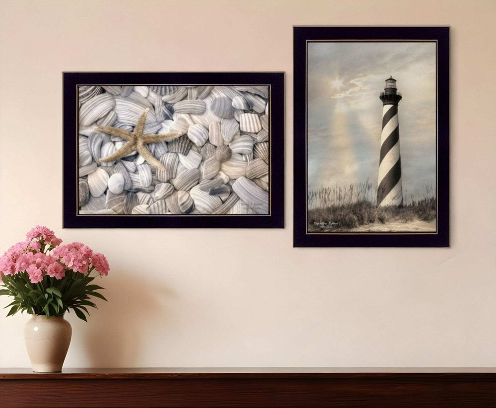 Set Of Two Cape Hatteras Lighthouse and Sea Shells 1 Black Framed Print Wall Art - Homeroots - Flyclothing LLC