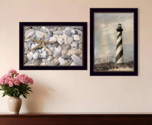 Set Of Two Cape Hatteras Lighthouse and Sea Shells 1 Black Framed Print Wall Art - Homeroots - Flyclothing LLC