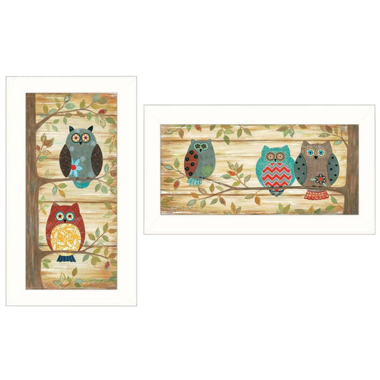 Set Of Two Whimsical Owls White Framed Print Wall Art - Homeroots - Flyclothing LLC