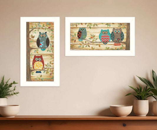 Set Of Two Whimsical Owls White Framed Print Wall Art - Homeroots - Flyclothing LLC
