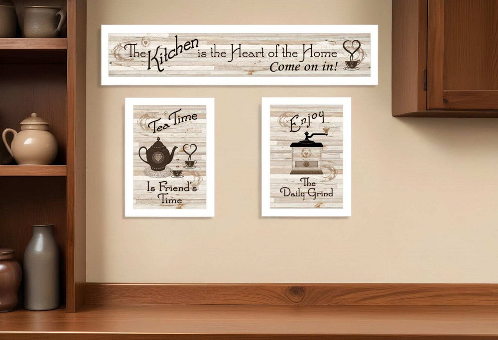 Set Of Three Kitchen Is The Heart of Home White Framed Kitchen Wall Art - Homeroots - Flyclothing LLC