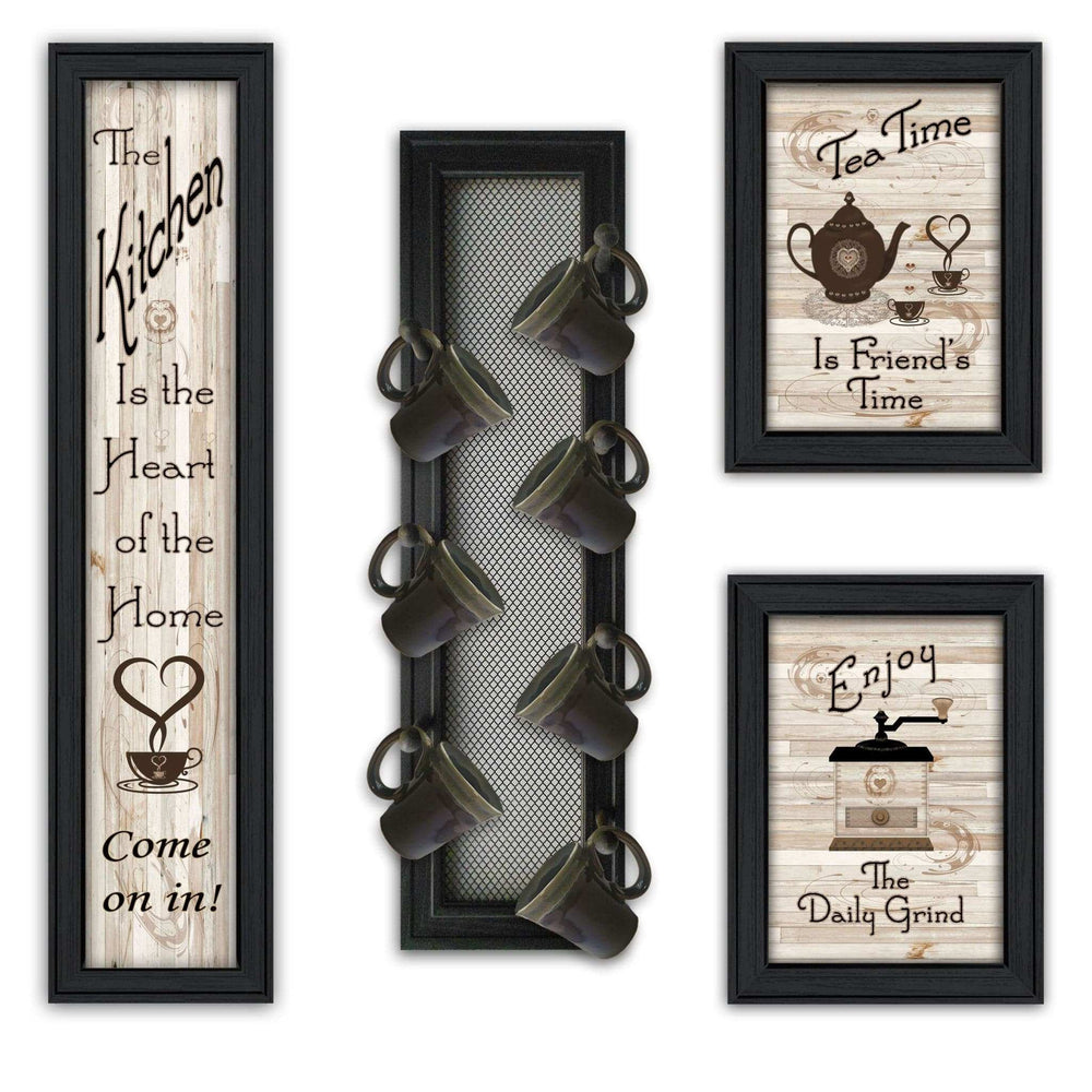 Set Of Four Kitchen Collection V with Seven Peg Mug Rack 2 Black Framed Print Kitchen Wall Art - Homeroots - Flyclothing LLC