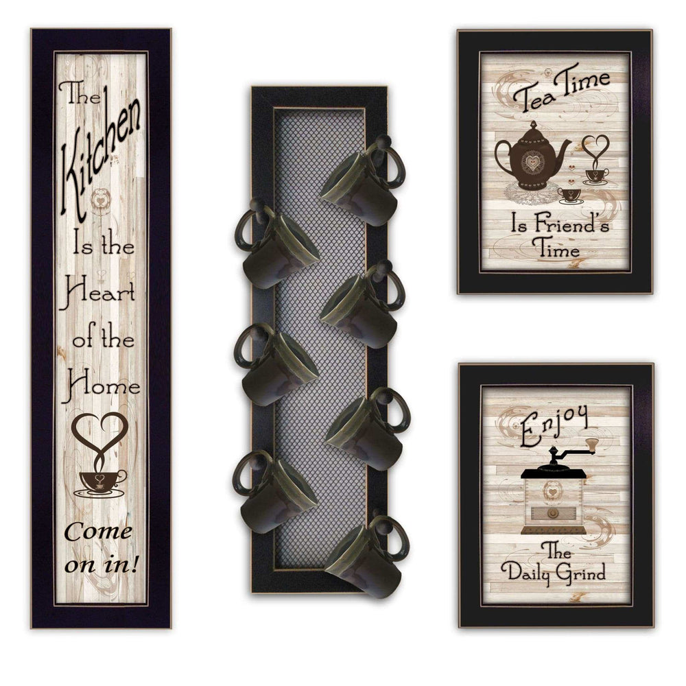 Set Of Four Kitchen Collection V with Seven Peg Mug Rack 3 Black Framed Print Kitchen Wall Art - Homeroots - Flyclothing LLC