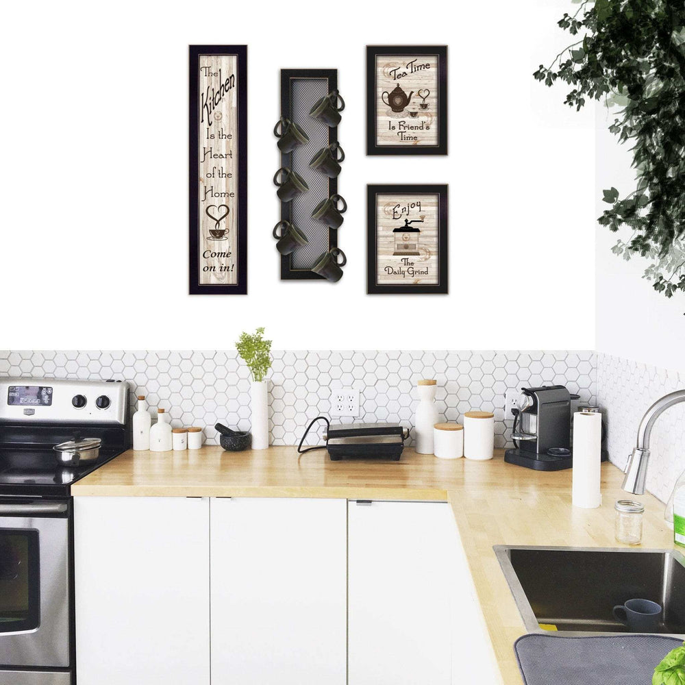 Set Of Four Kitchen Collection V with Seven Peg Mug Rack 3 Black Framed Print Kitchen Wall Art - Homeroots - Flyclothing LLC