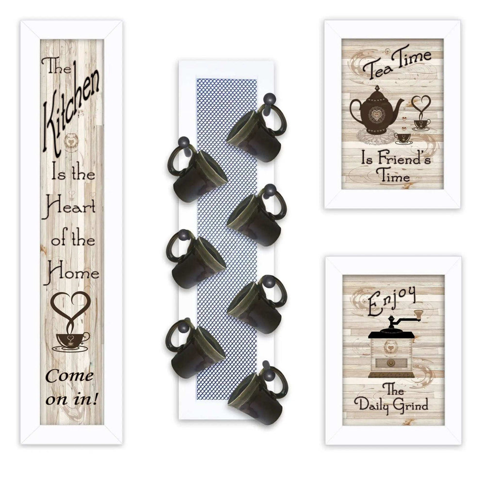 Set Of Four Kitchen Collection V with Seven Peg Mug Rack 4 White Framed Print Kitchen Wall Art - Homeroots - Flyclothing LLC
