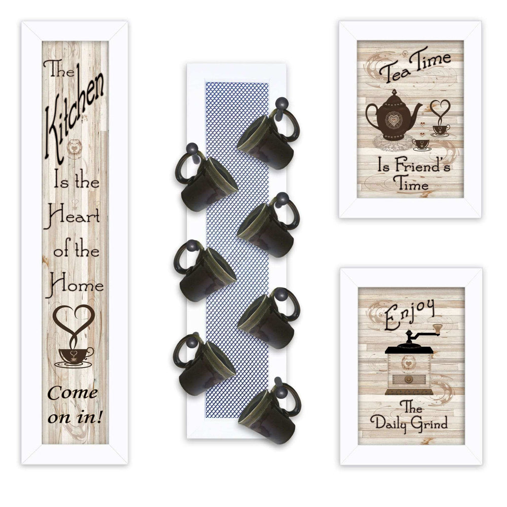 Set Of Four Kitchen Collection V with Seven Peg Mug Rack 4 White Framed Print Kitchen Wall Art - Homeroots - Flyclothing LLC