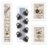 Set Of Four Kitchen Collection V with Seven Peg Mug Rack 4 White Framed Print Kitchen Wall Art - Homeroots - Flyclothing LLC