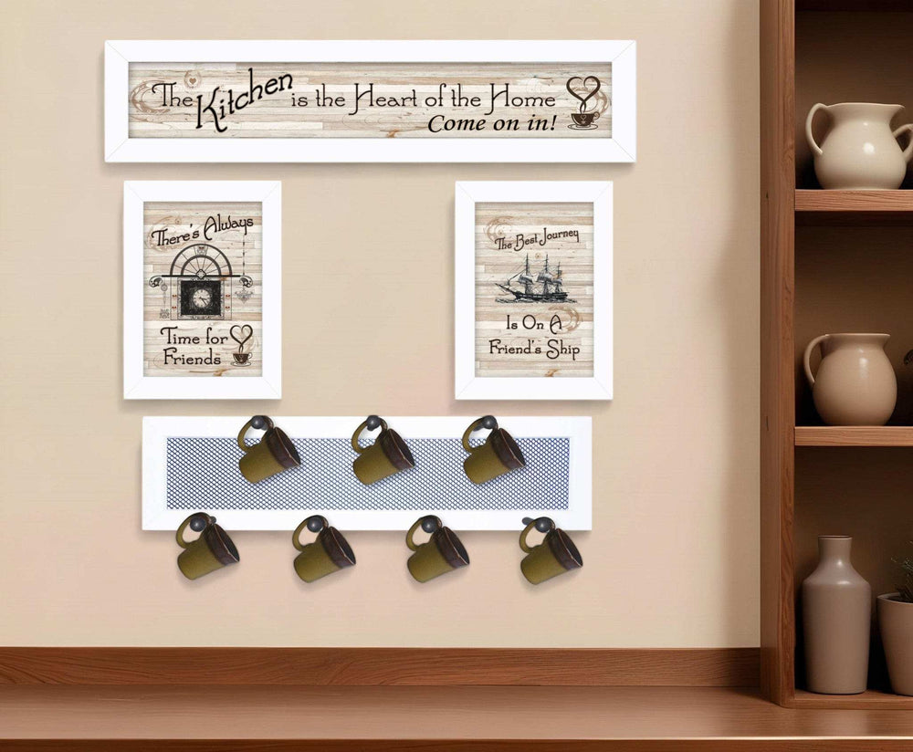 Set Of Four Kitchen Collection VI with Seven Peg Mug Rack 4 White Framed Print Kitchen Wall Art - Homeroots - Flyclothing LLC