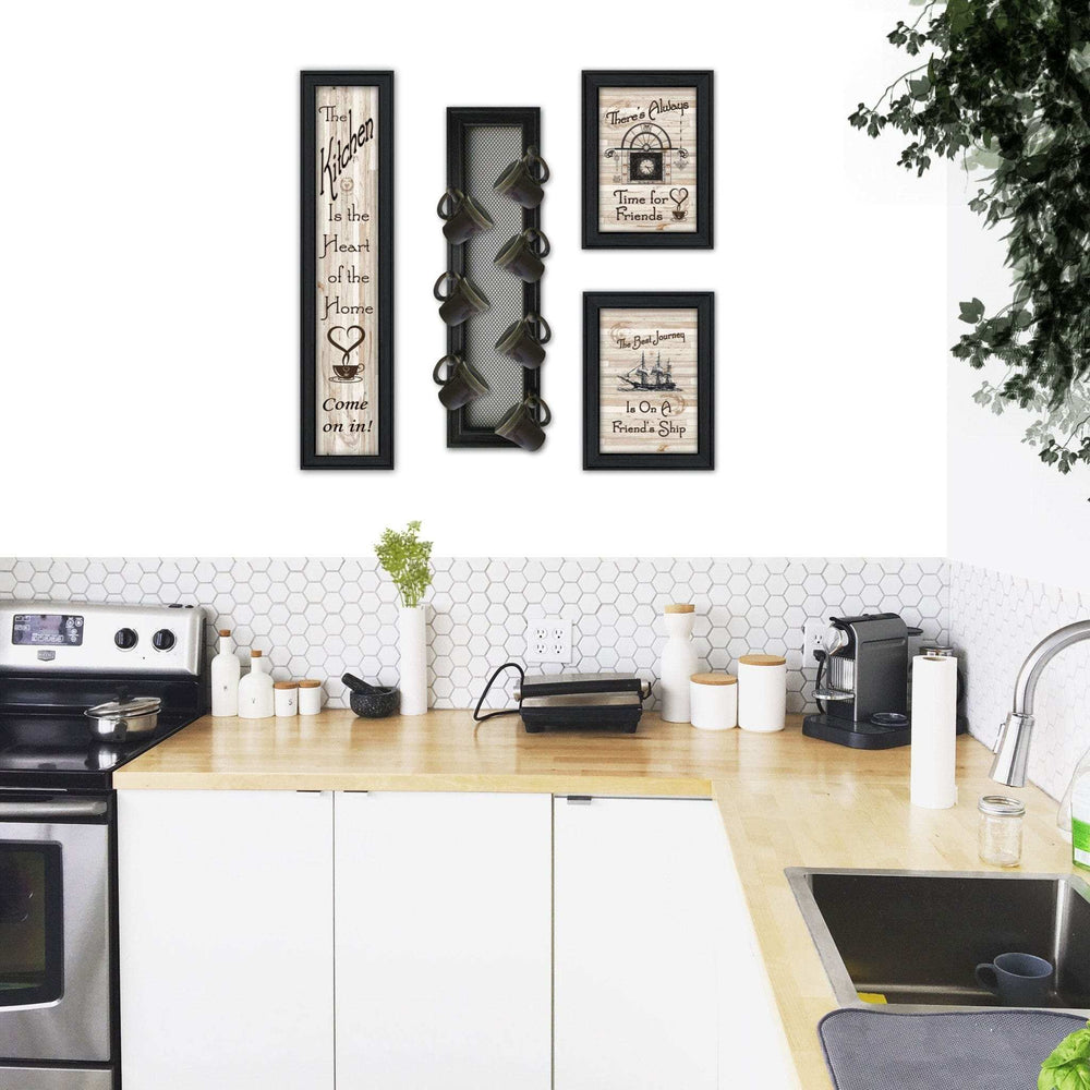 Set Of Four Kitchen Collection VII with Seven Peg Mug Rack 2 Black Framed Print Kitchen Wall Art - Homeroots - Flyclothing LLC