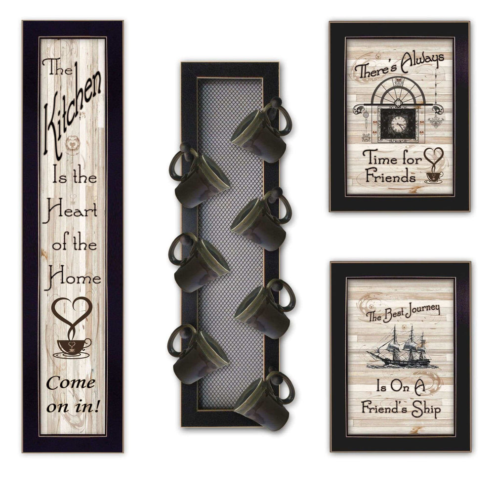 Set Of Four Kitchen Collection VII with Seven Peg Mug Rack 3 Black Framed Print Kitchen Wall Art - Homeroots - Flyclothing LLC