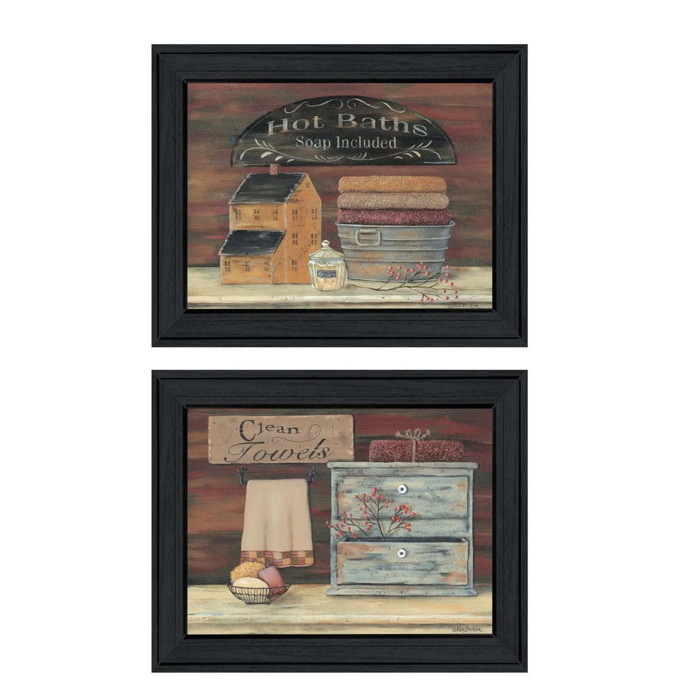 Set Of Two Hot Bath or Clean Towels Black Framed Print Bathroom Wall Art - Homeroots - Flyclothing LLC