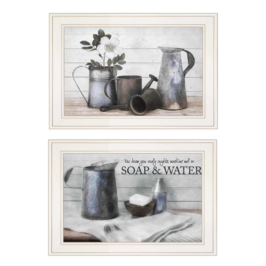 Set Of Two Soap or Floral 1 White Framed Print Bathroom Wall Art - Homeroots - Flyclothing LLC