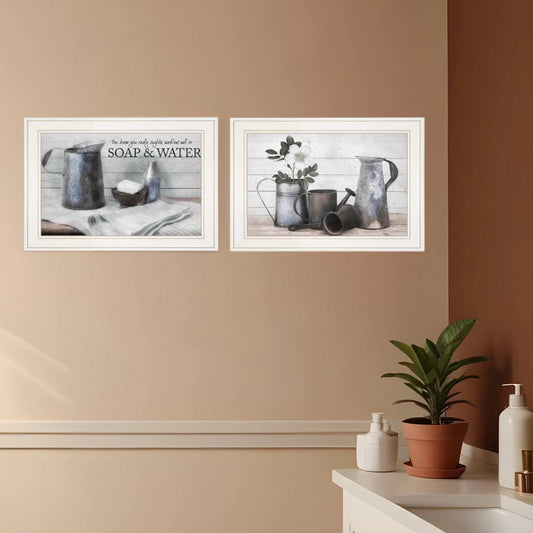 Set Of Two Soap or Floral 1 White Framed Print Bathroom Wall Art - Homeroots - Flyclothing LLC