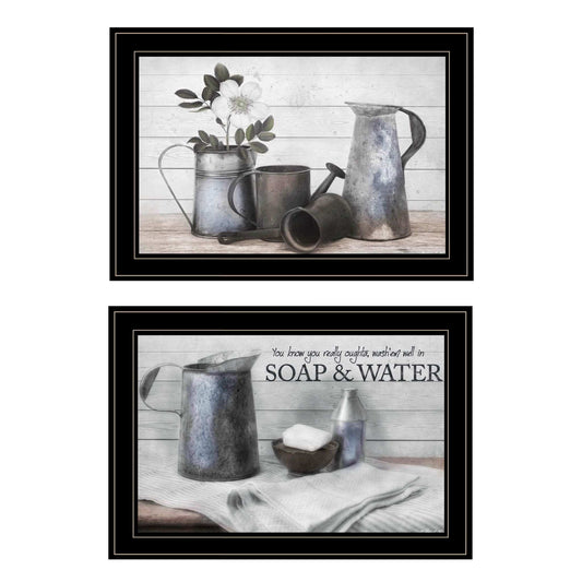 Set Of Two Soap or Floral 2 Black Framed Print Bathroom Wall Art - Homeroots - Flyclothing LLC