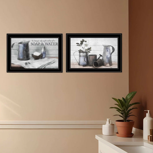 Set Of Two Soap or Floral 2 Black Framed Print Bathroom Wall Art - Homeroots - Flyclothing LLC