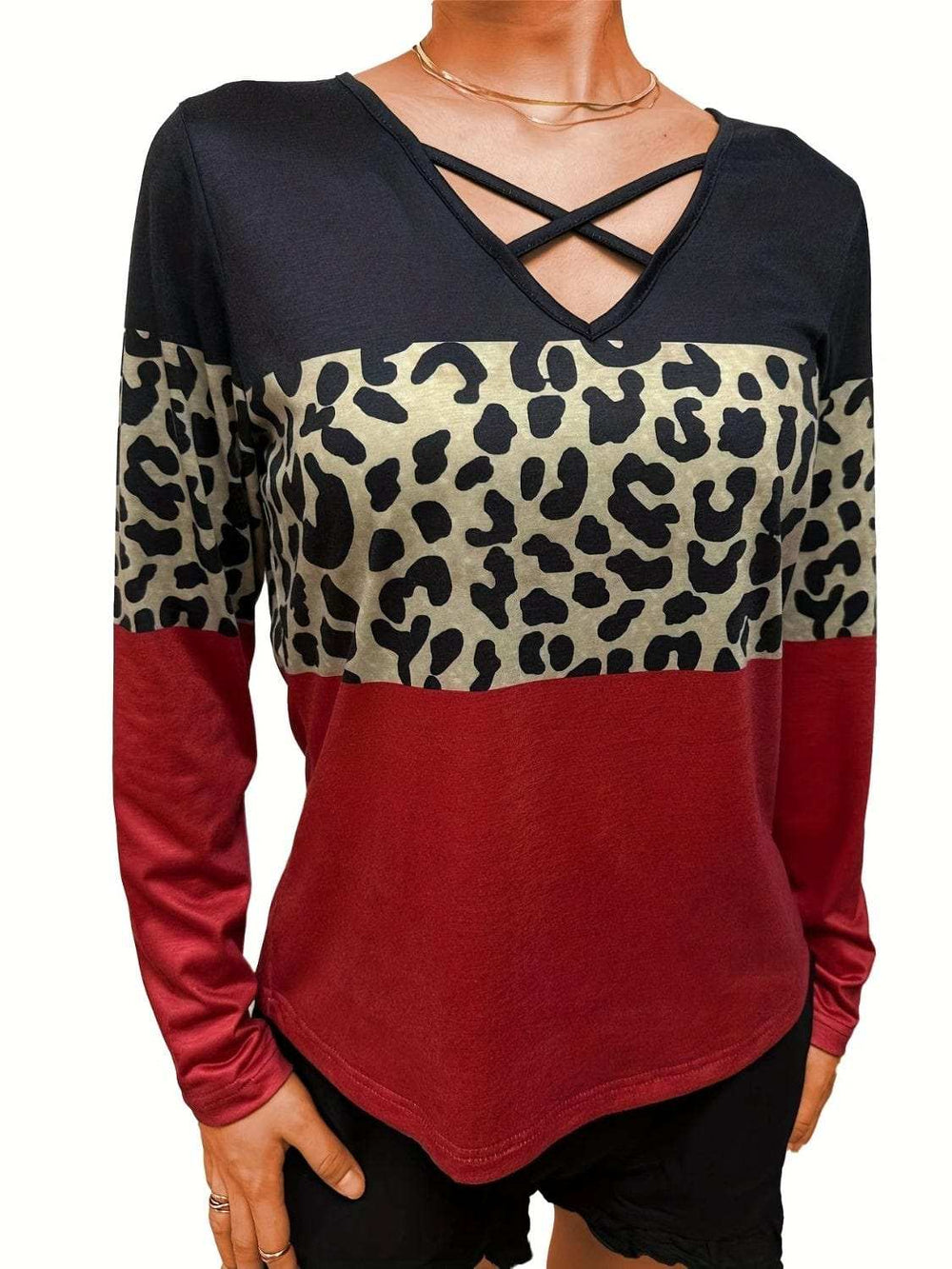 Crisscross Color Block Long Sleeve T-Shirt - Trendsi - Flyclothing LLC