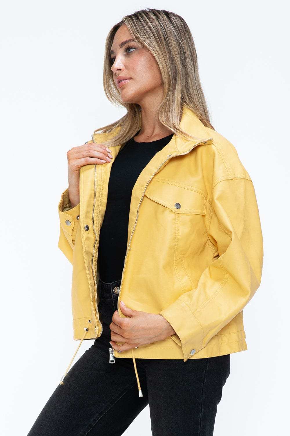 How Dare U Drawstring Hem PU Leather Zip Up Jacket - Trendsi - Flyclothing LLC