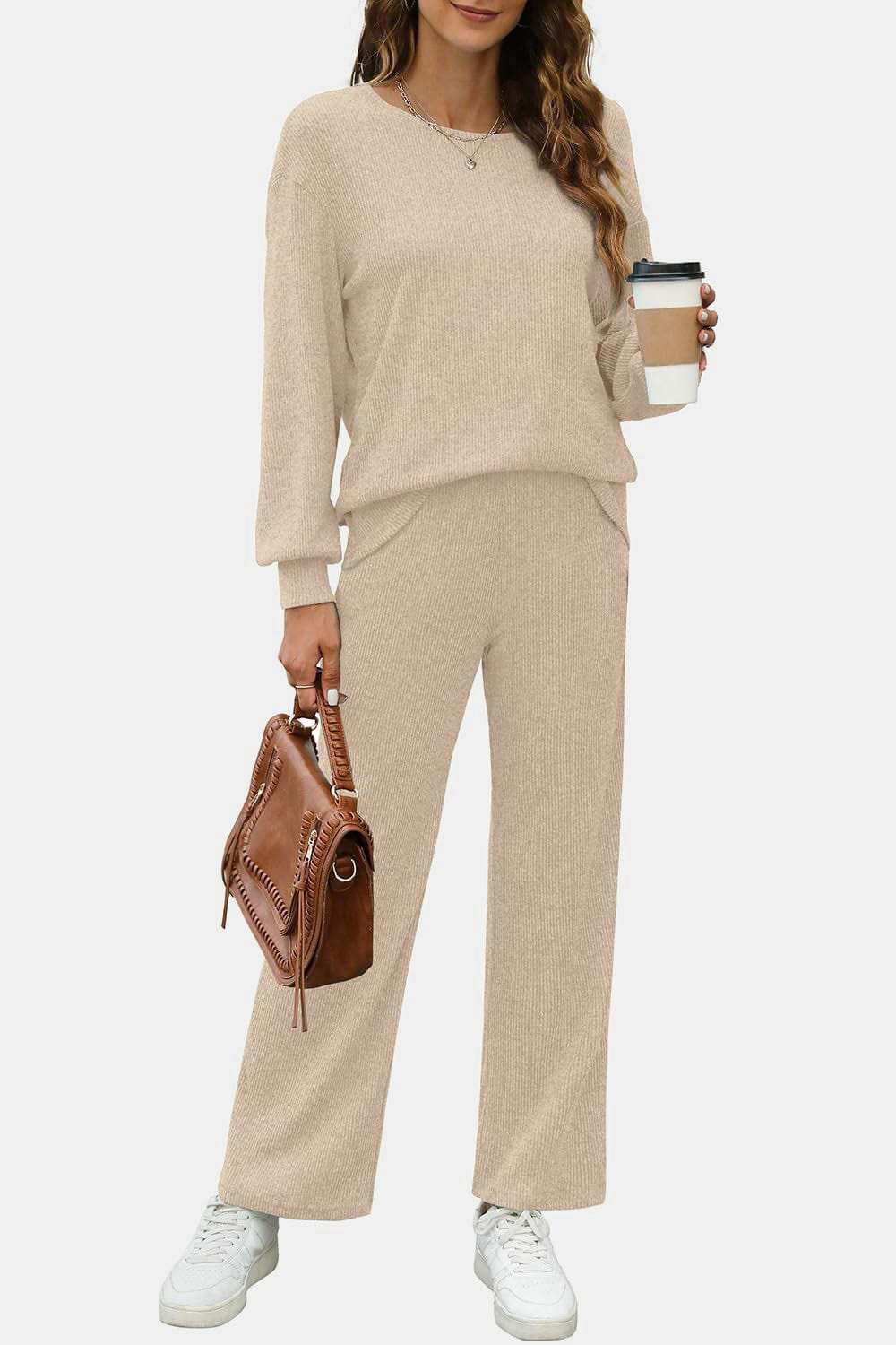 Round Neck Long Sleeve Top and Pants Set - Trendsi - Flyclothing LLC