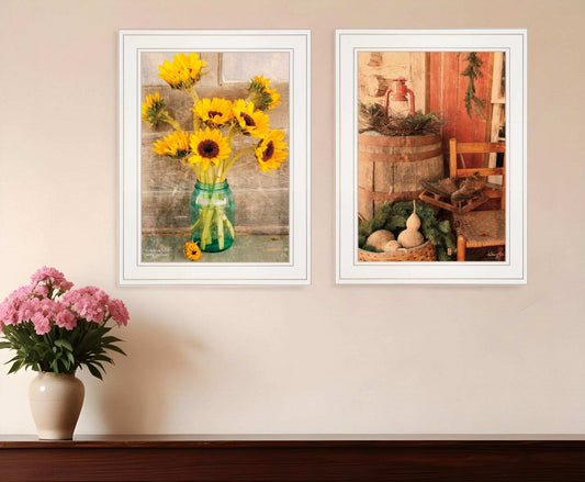 Set Of Two Vintage Country and Sunflowers 1 White Framed Print Wall Art - Homeroots - Flyclothing LLC