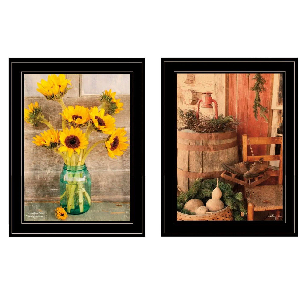 Set Of Two Vintage Country and Sunflowers 2 Black Framed Print Wall Art - Homeroots - Flyclothing LLC
