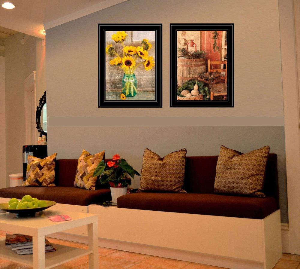 Set Of Two Vintage Country and Sunflowers 2 Black Framed Print Wall Art - Homeroots - Flyclothing LLC