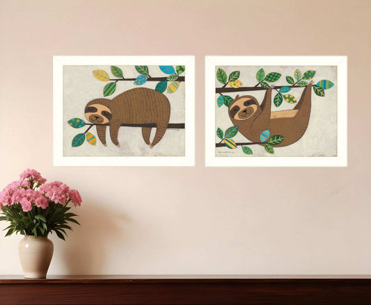Set Of Two Cute Sloths 2 White Framed Print Wall Art - Homeroots - Flyclothing LLC