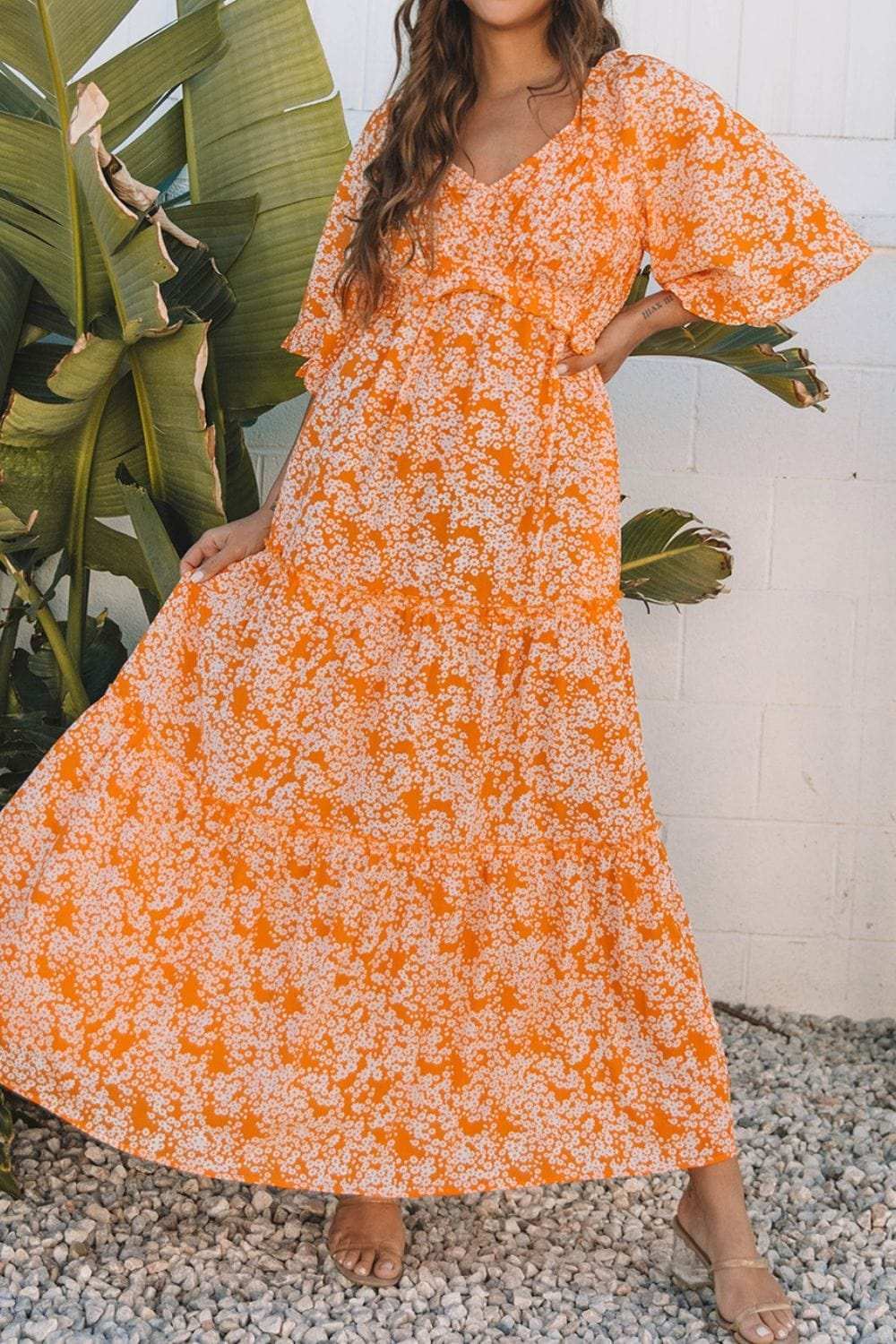 Floral Print Smocked V Neck Wide Sleeve Maxi Dress - Trendsi - Flyclothing LLC