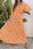 Floral Print Smocked V Neck Wide Sleeve Maxi Dress - Trendsi - Flyclothing LLC
