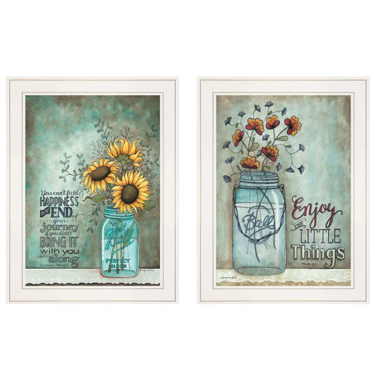 Set Of Two Enjoy the Little Things or Happiness 1 White Framed Print Wall Art - Homeroots - Flyclothing LLC