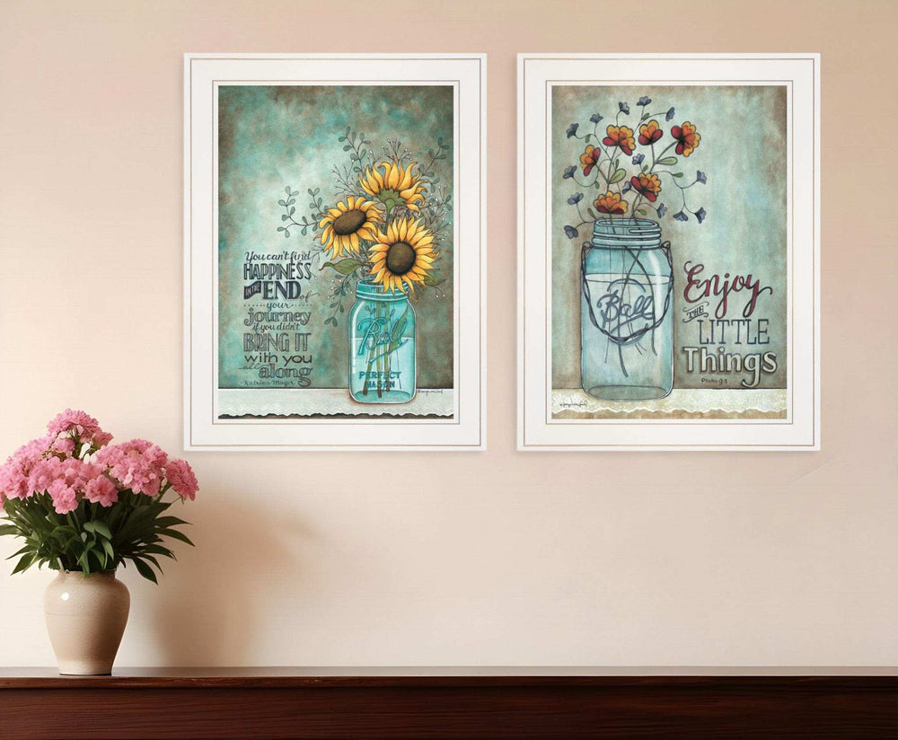 Set Of Two Enjoy the Little Things or Happiness 1 White Framed Print Wall Art - Homeroots - Flyclothing LLC