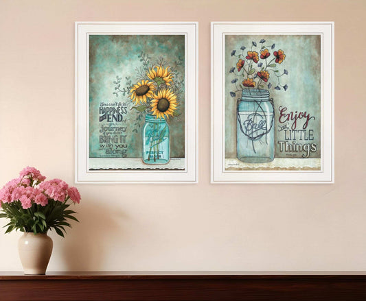Set Of Two Enjoy the Little Things or Happiness 1 White Framed Print Wall Art - Homeroots - Flyclothing LLC