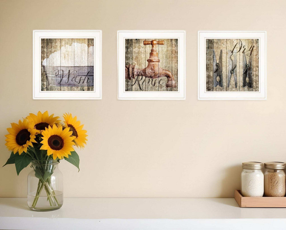 Set Of Three Wash 1 White Framed Print Bathroom Wall Art - Homeroots - Flyclothing LLC