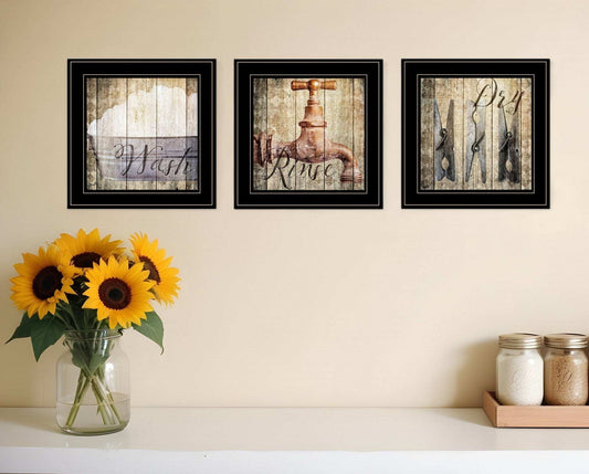 Set Of Three Wash 2 Black Framed Print Bathroom Wall Art - Homeroots - Flyclothing LLC