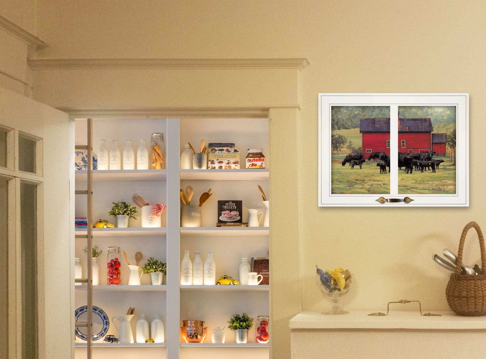 By the Red Barn Herd of Angus 1 White Framed Print Wall Art - Homeroots - Flyclothing LLC