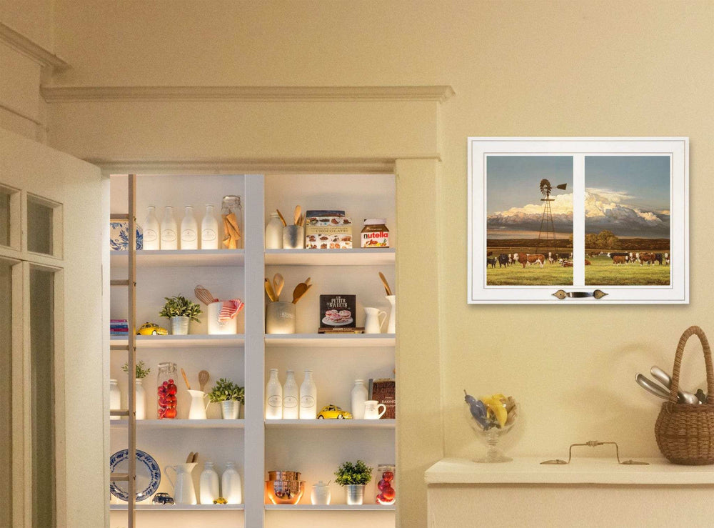 Summer Pastures Holstein cows with windmill 1 White Framed Print Wall Art - Homeroots - Flyclothing LLC