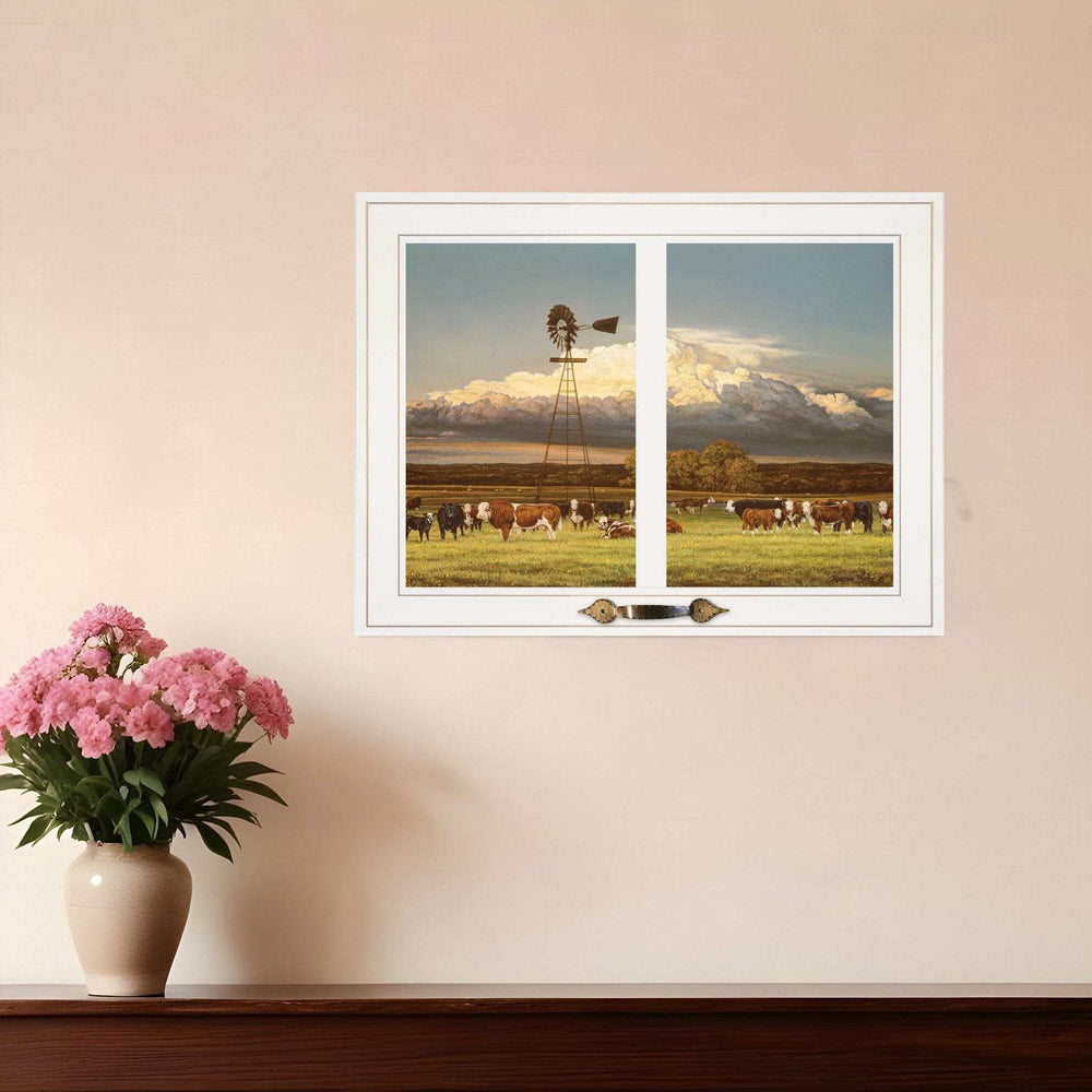 Summer Pastures Holstein cows with windmill 1 White Framed Print Wall Art - Homeroots - Flyclothing LLC